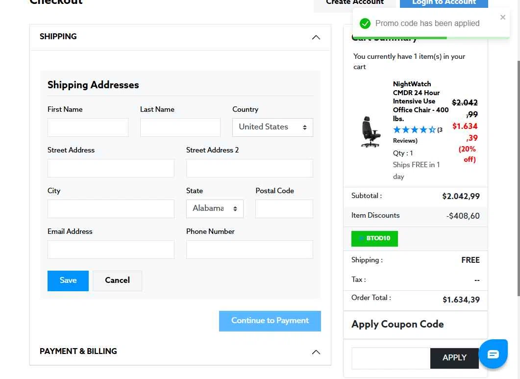 BTOD.com checkout page showing BTOD.com coupon code box | Screenshot taken by SimplyCodes community member on Dec 1, 2025