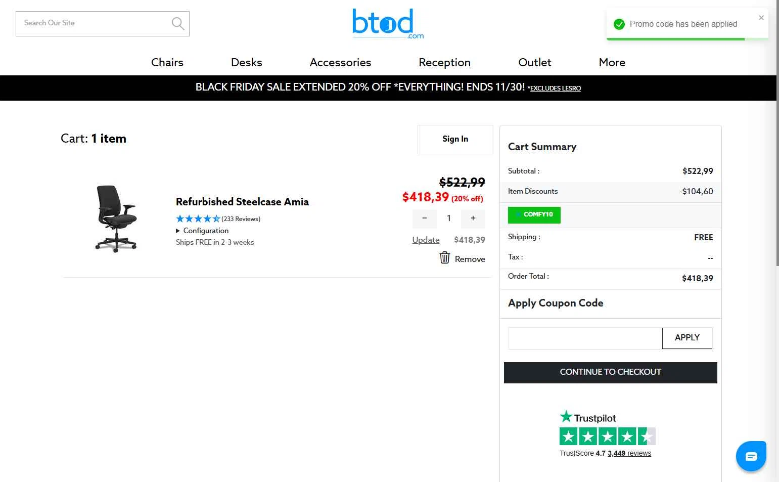 BTOD.com checkout page showing BTOD.com coupon code box | Screenshot taken by SimplyCodes community member on Dec 1, 2025