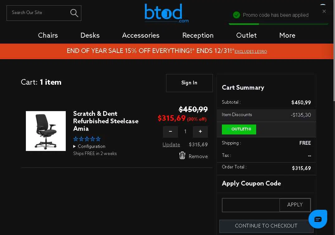 BTOD.com checkout page showing BTOD.com coupon code box | Screenshot taken by SimplyCodes community member on Dec 29, 2025