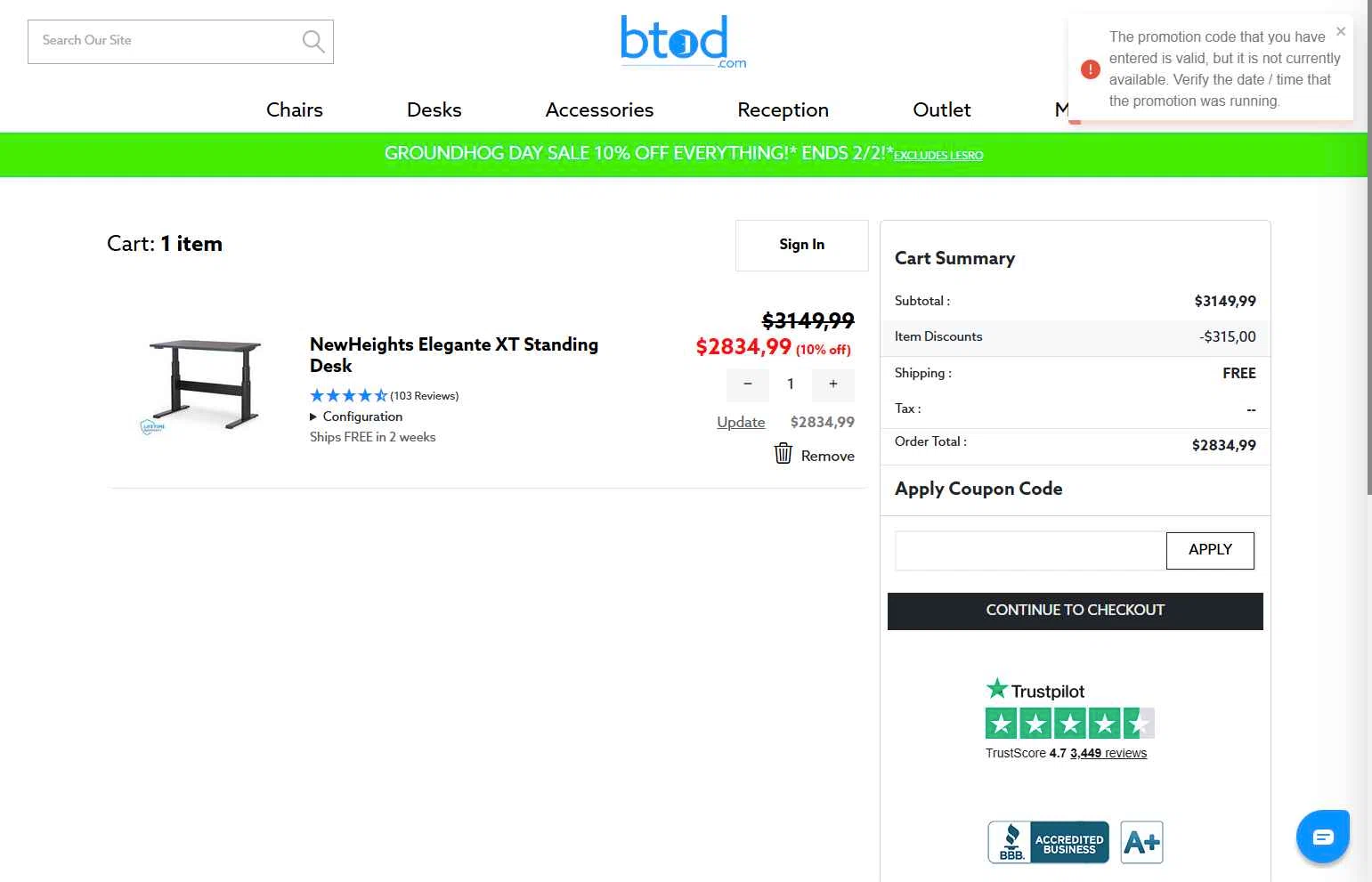 BTOD.com checkout page showing BTOD.com coupon code box | Screenshot taken by SimplyCodes community member on Jan 27, 2026