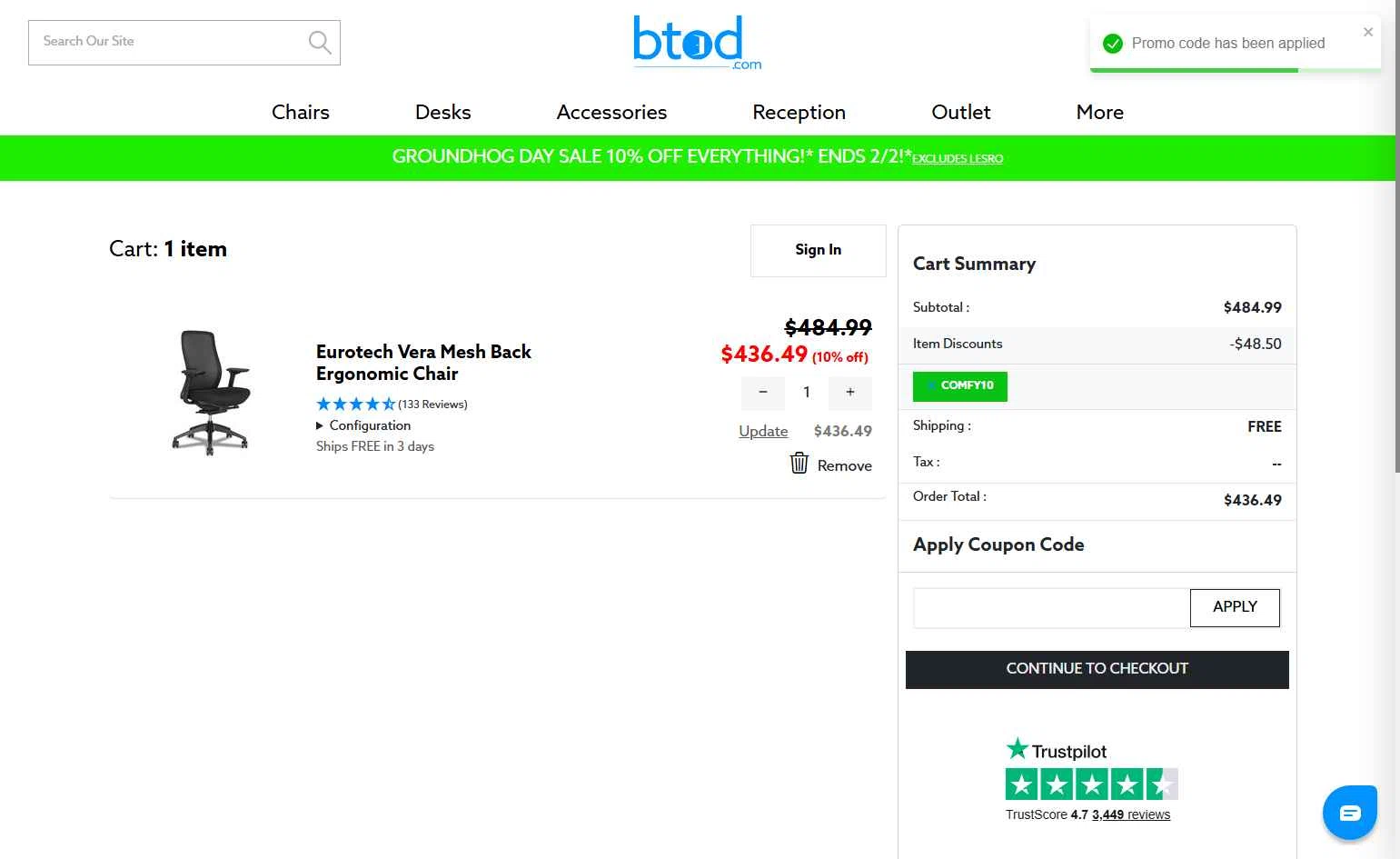 BTOD.com checkout page showing BTOD.com coupon code box | Screenshot taken by SimplyCodes community member on Jan 27, 2026