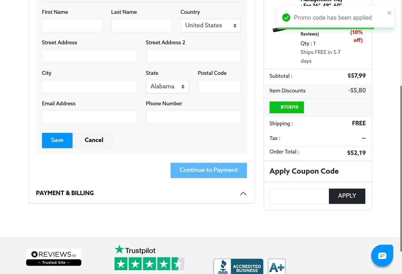 BTOD.com checkout page showing BTOD.com coupon code box | Screenshot taken by SimplyCodes community member on Jan 17, 2026