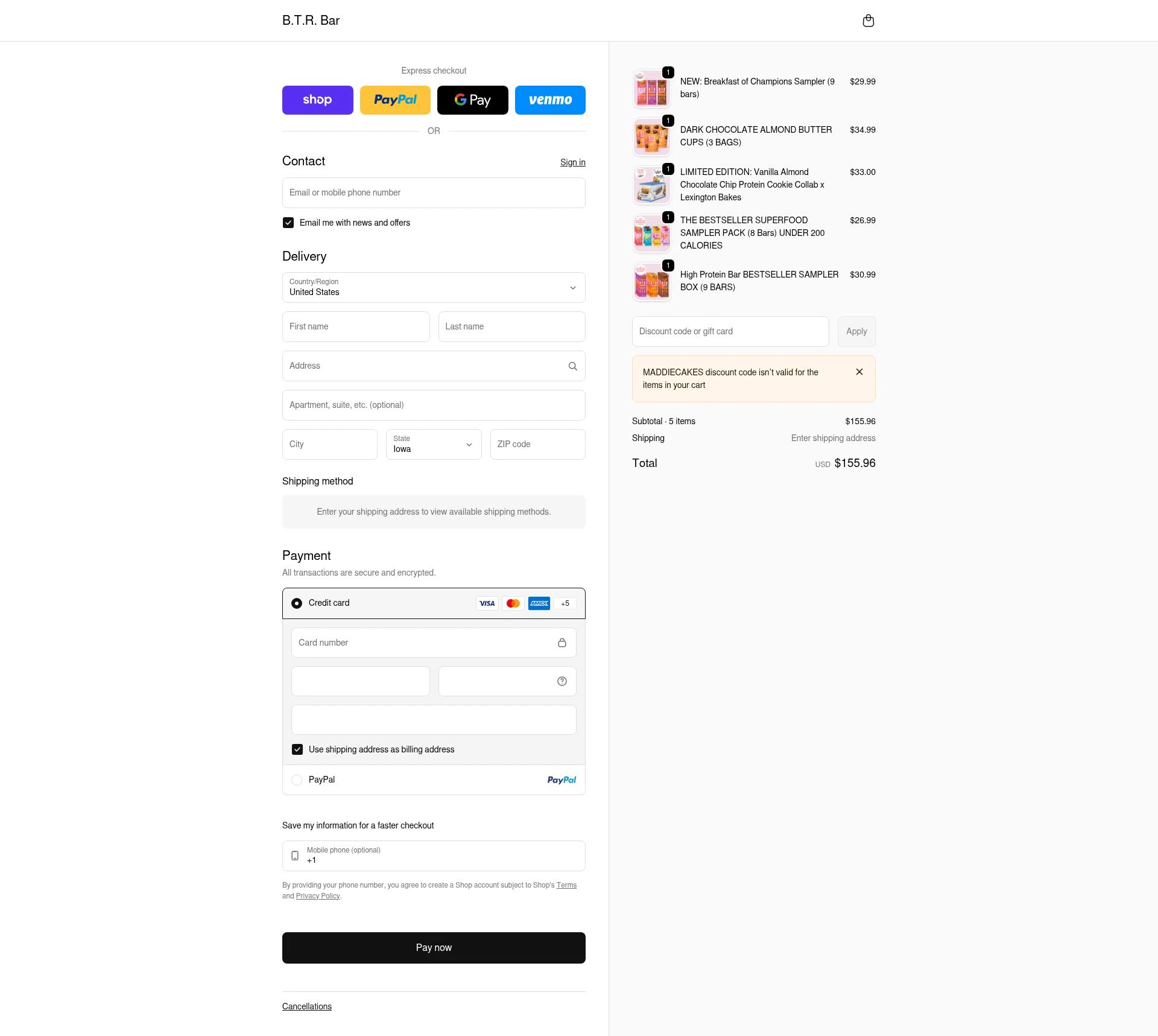 B.T.R. Bar checkout page showing B.T.R. Bar promo code box | Screenshot taken by SimplyCodes community member on Feb 10, 2026