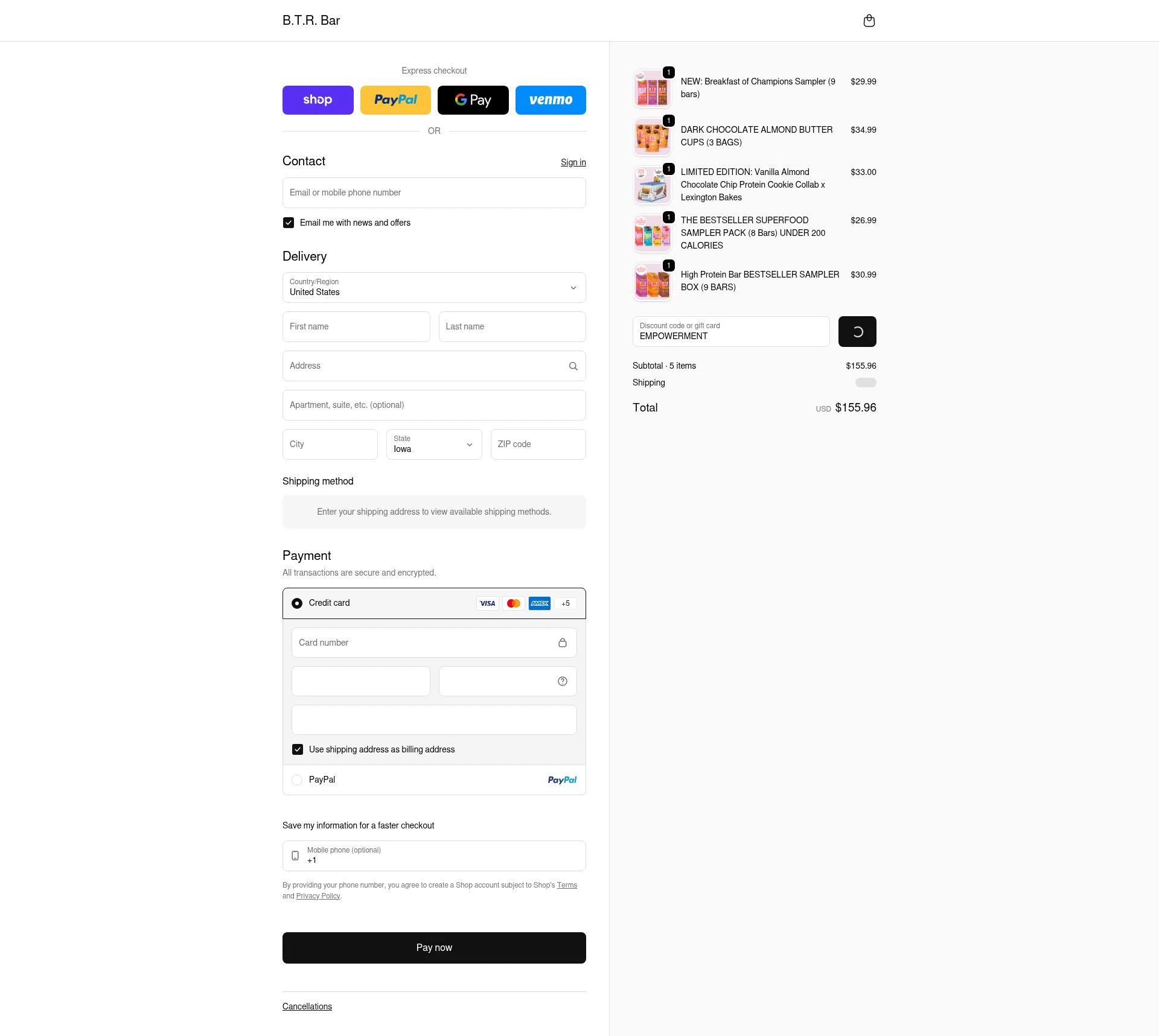 B.T.R. Bar checkout page showing B.T.R. Bar promo code box | Screenshot taken by SimplyCodes community member on Feb 10, 2026