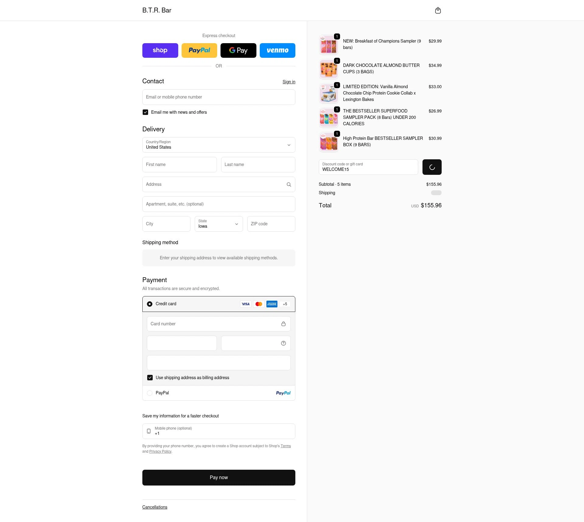B.T.R. Bar checkout page showing B.T.R. Bar promo code box | Screenshot taken by SimplyCodes community member on Feb 10, 2026