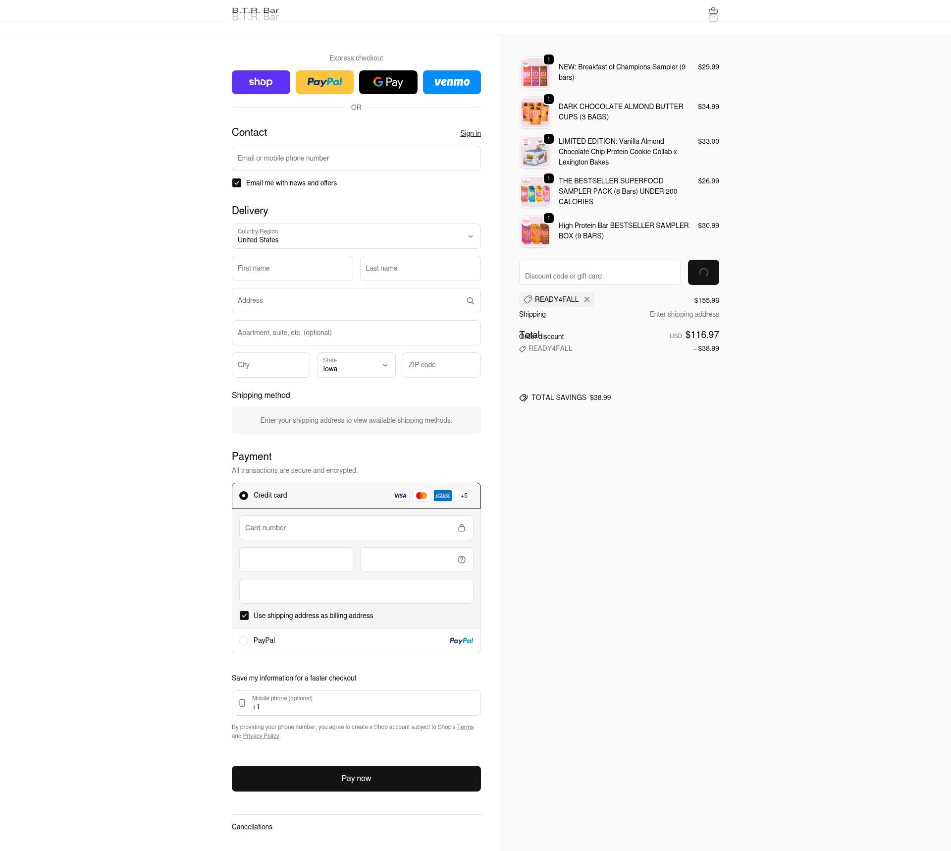 B.T.R. Bar checkout page showing B.T.R. Bar promo code box | Screenshot taken by SimplyCodes community member on Feb 10, 2026