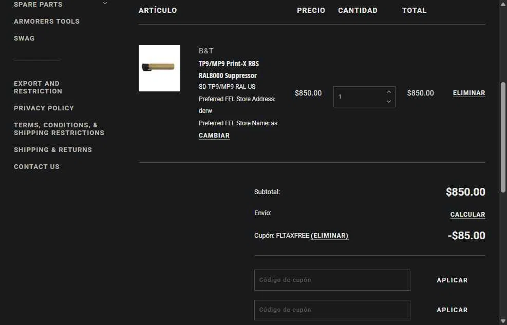 B&T USA checkout page showing B&T USA promo code box | Screenshot taken by SimplyCodes community member on Sep 8, 2025