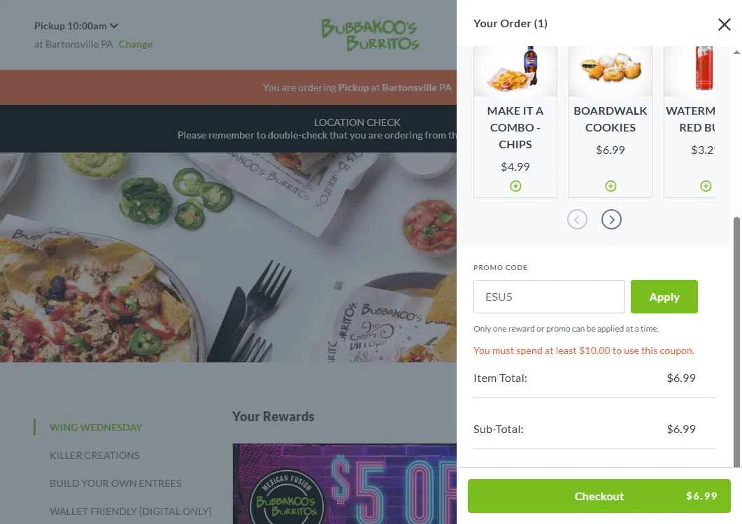 Bubbakoos Burritos checkout page showing Bubbakoos Burritos promo code box | Screenshot taken by SimplyCodes community member on Jul 2, 2025