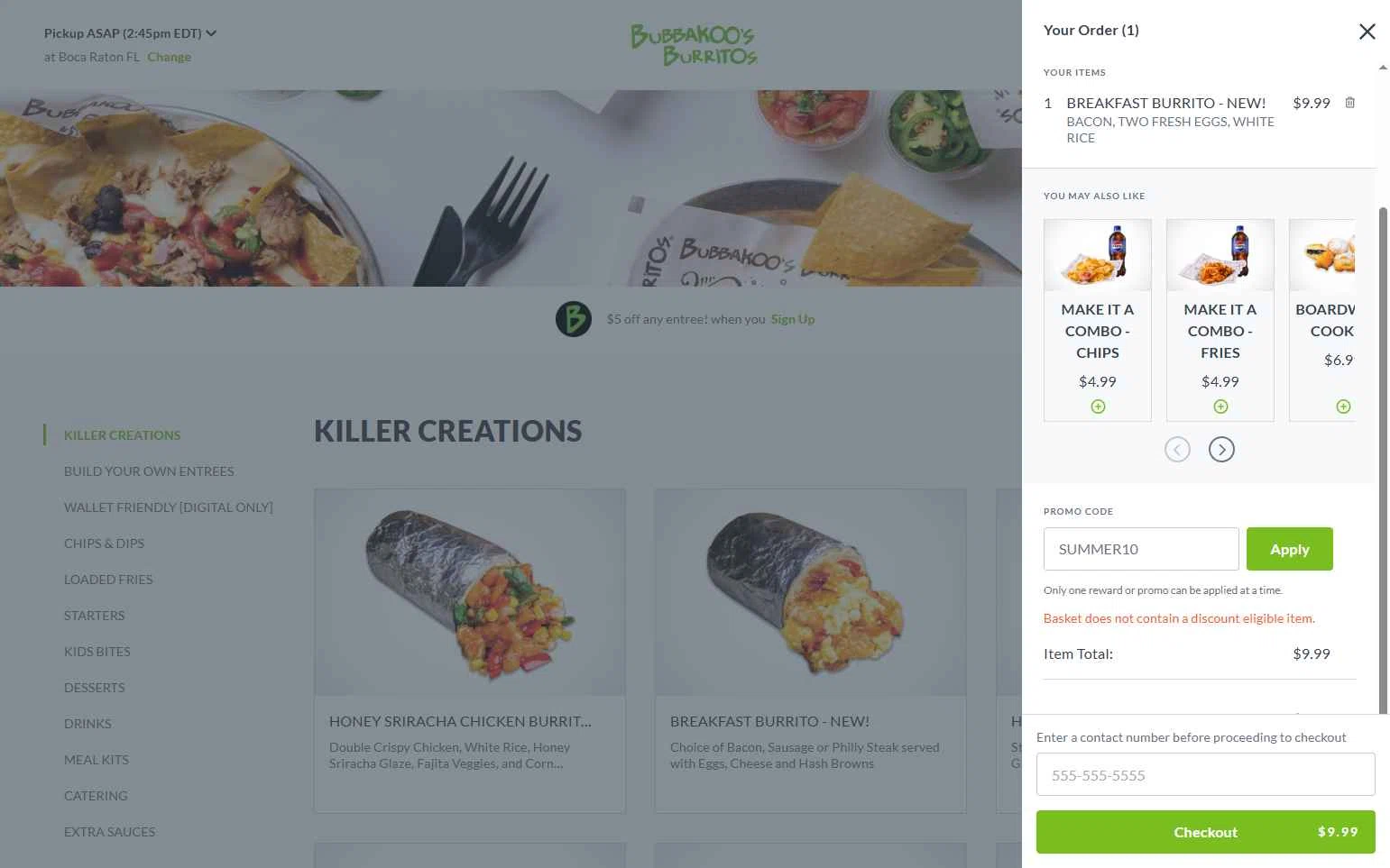 Bubbakoos Burritos checkout page showing Bubbakoos Burritos promo code box | Screenshot taken by SimplyCodes community member on Jul 6, 2025