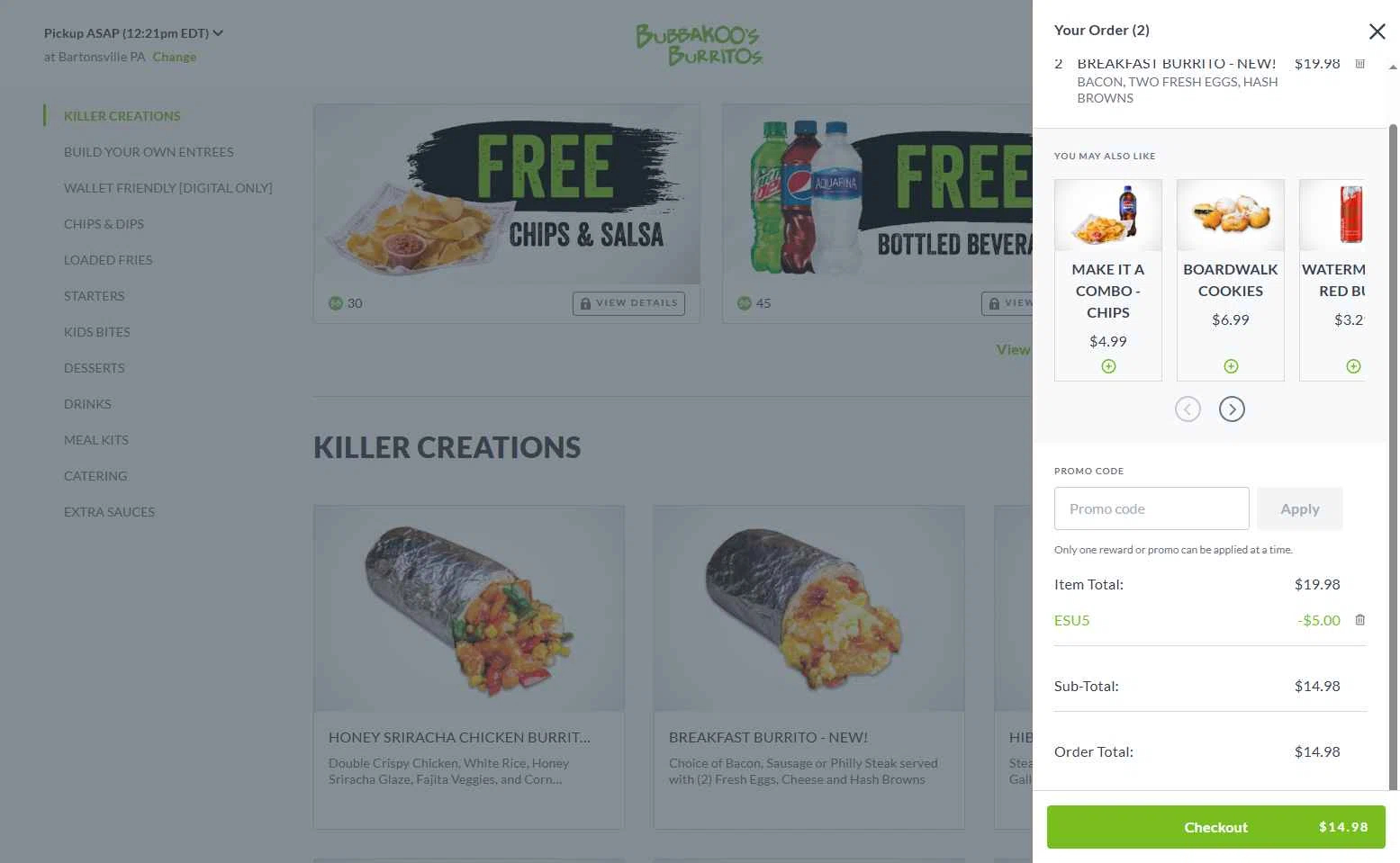 Bubbakoos Burritos checkout page showing Bubbakoos Burritos promo code box | Screenshot taken by SimplyCodes community member on May 5, 2025