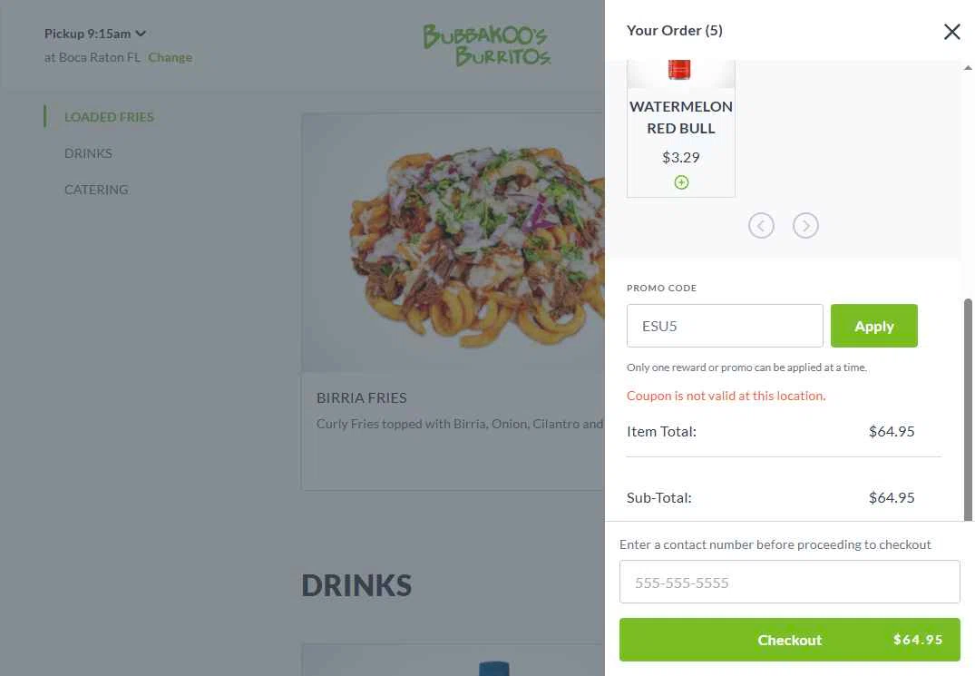 Bubbakoos Burritos checkout page showing Bubbakoos Burritos promo code box | Screenshot taken by SimplyCodes community member on Jun 3, 2025