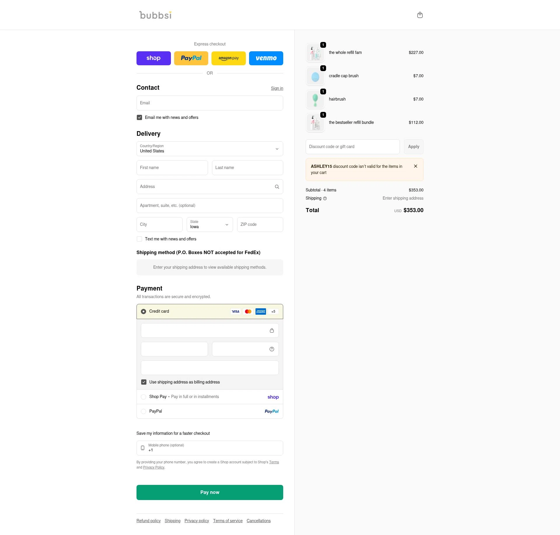Bubbsi checkout page showing Bubbsi discount code box | Screenshot taken by SimplyCodes community member on Feb 18, 2026