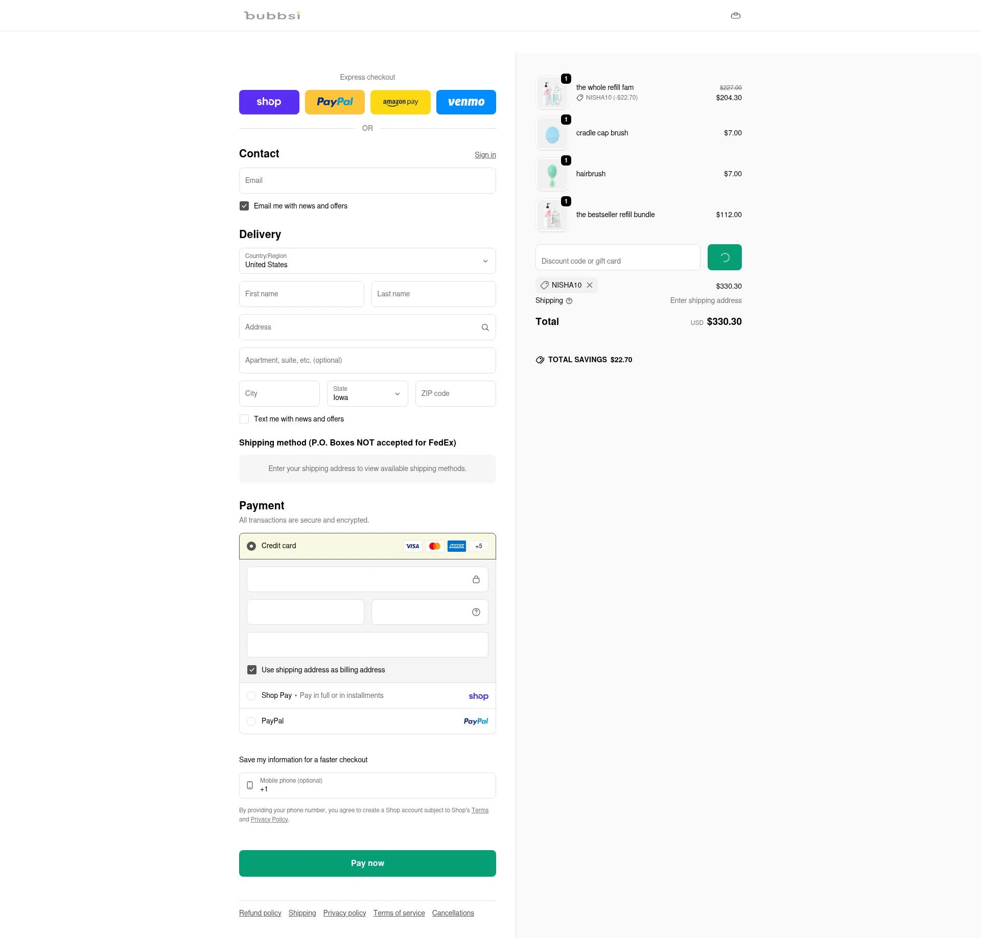 Bubbsi checkout page showing Bubbsi discount code box | Screenshot taken by SimplyCodes community member on Feb 18, 2026