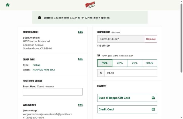 Buca Di Beppo checkout page showing Buca Di Beppo promo code box | Screenshot taken by SimplyCodes community member on Jul 26, 2025