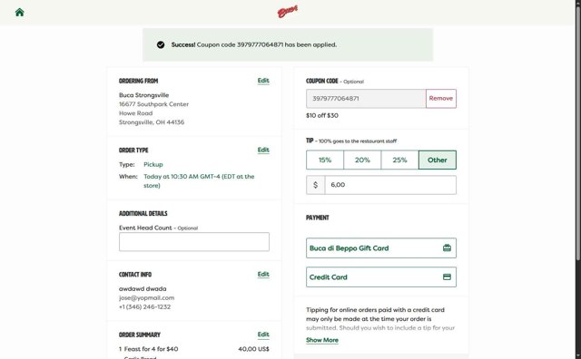 Buca Di Beppo checkout page showing Buca Di Beppo promo code box | Screenshot taken by SimplyCodes community member on Apr 24, 2025