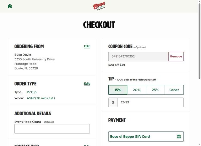 Buca Di Beppo checkout page showing Buca Di Beppo promo code box | Screenshot taken by SimplyCodes community member on Aug 14, 2025