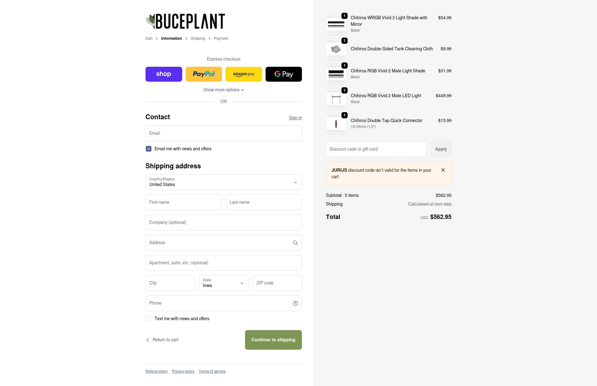 Buce Plant checkout page showing Buce Plant discount code box | Screenshot taken by SimplyCodes community member on Feb 4, 2026