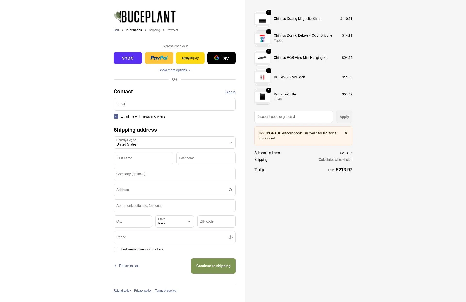 Buce Plant checkout page showing Buce Plant discount code box | Screenshot taken by SimplyCodes community member on Jan 26, 2026