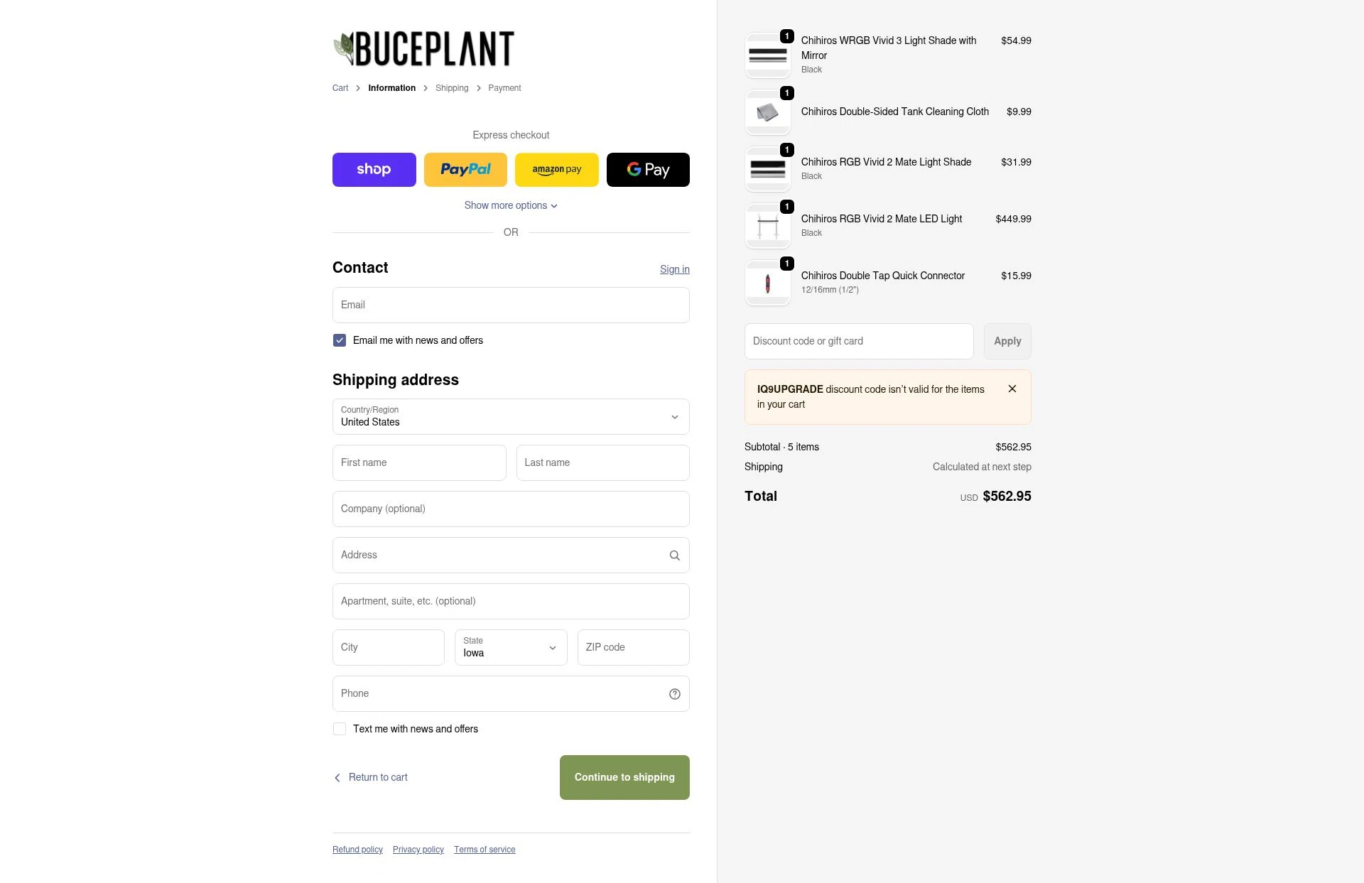 Buce Plant checkout page showing Buce Plant discount code box | Screenshot taken by SimplyCodes community member on Feb 4, 2026
