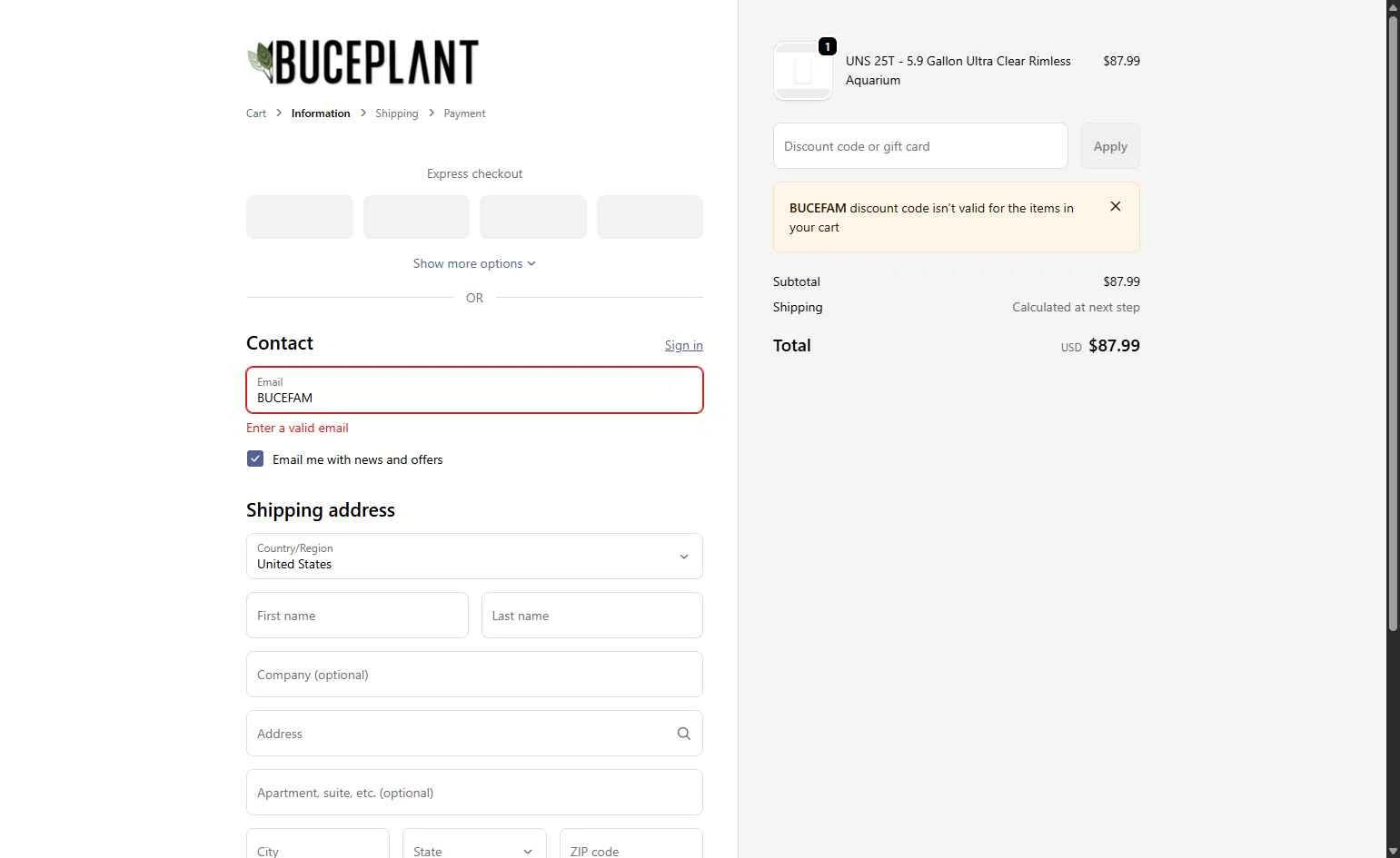 Buce Plant checkout page showing Buce Plant discount code box | Screenshot taken by SimplyCodes community member on Feb 4, 2026