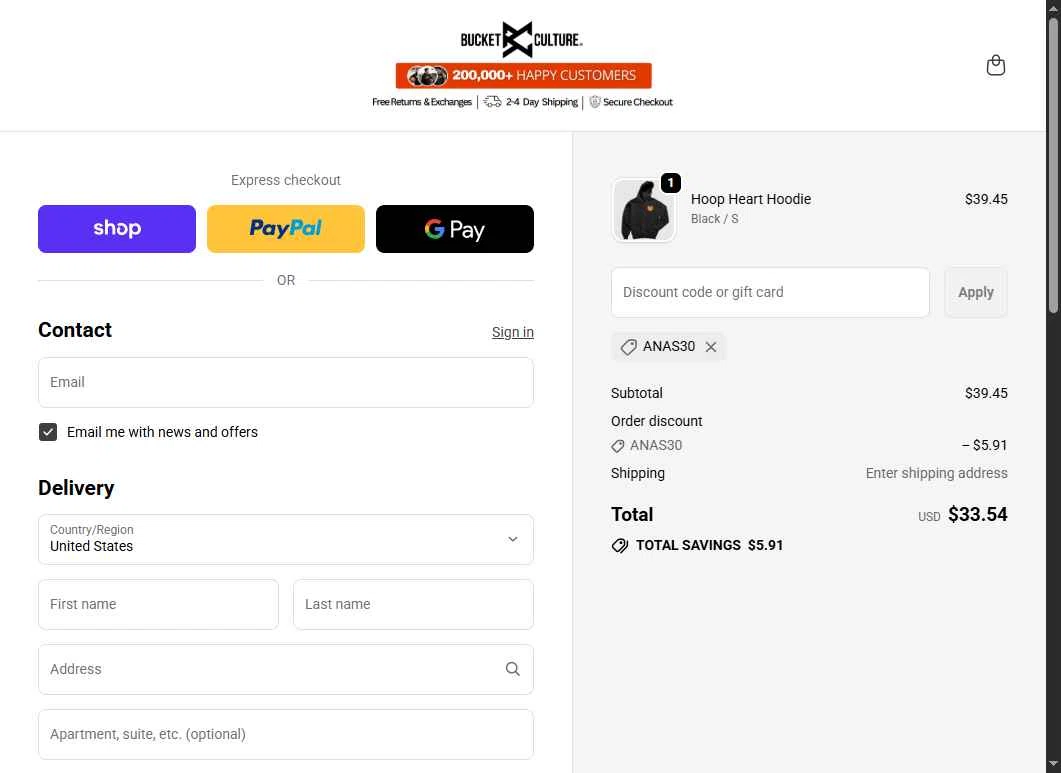 Bucket Culture checkout page showing Bucket Culture promo code box | Screenshot taken by SimplyCodes community member on Feb 20, 2026