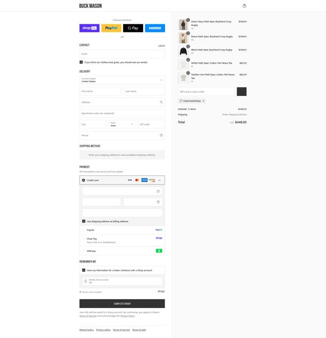 Buck Mason checkout page showing Buck Mason discount code box | Screenshot taken by SimplyCodes community member on Aug 23, 2025