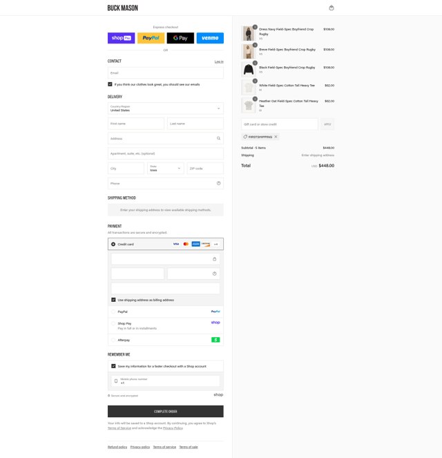 Buck Mason checkout page showing Buck Mason discount code box | Screenshot taken by SimplyCodes community member on Aug 27, 2025