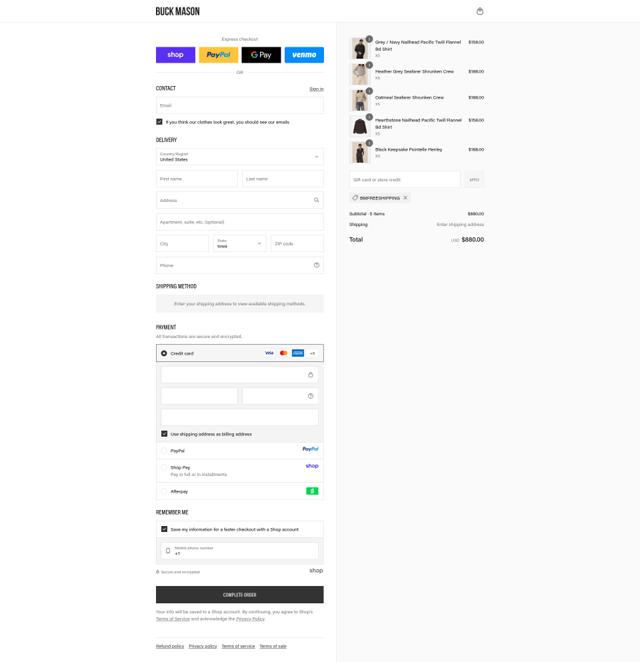 Buck Mason checkout page showing Buck Mason discount code box | Screenshot taken by SimplyCodes community member on Sep 13, 2025