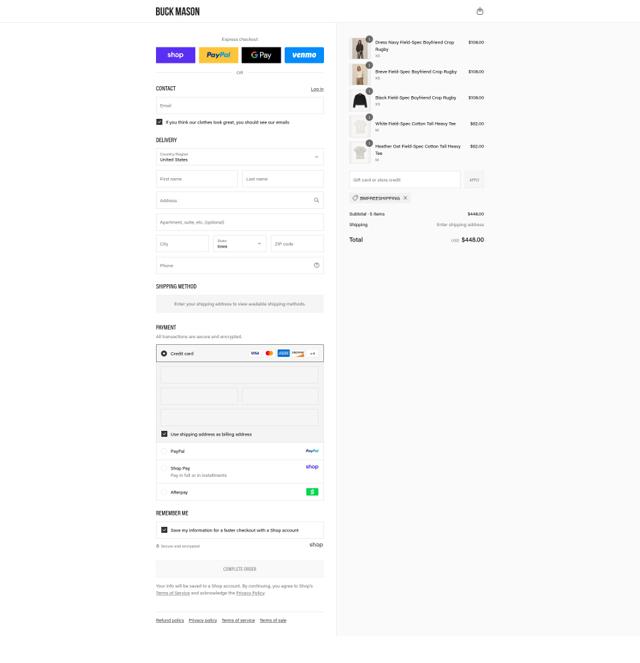 Buck Mason checkout page showing Buck Mason discount code box | Screenshot taken by SimplyCodes community member on Aug 31, 2025
