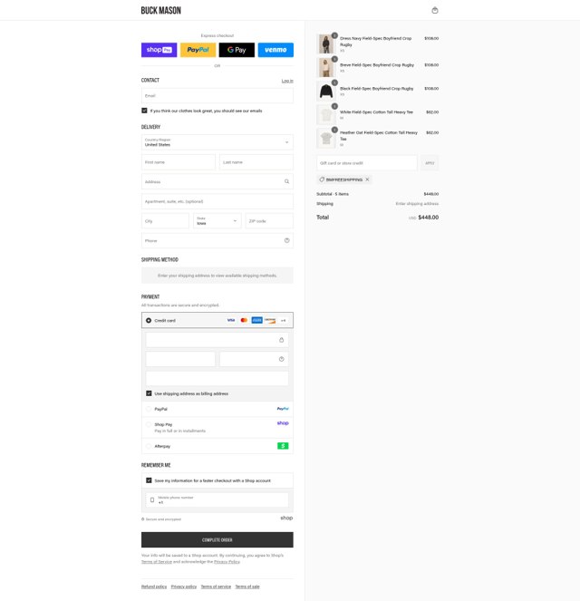Buck Mason checkout page showing Buck Mason discount code box | Screenshot taken by SimplyCodes community member on Aug 23, 2025