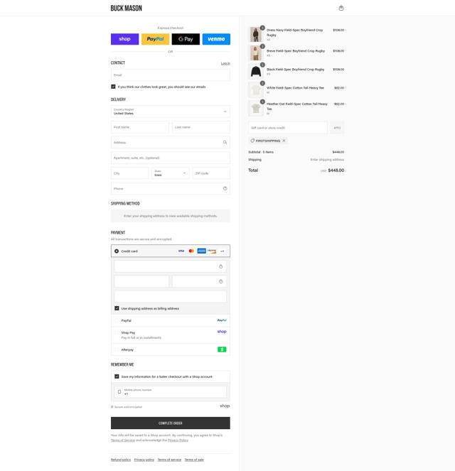 Buck Mason checkout page showing Buck Mason discount code box | Screenshot taken by SimplyCodes community member on Aug 31, 2025