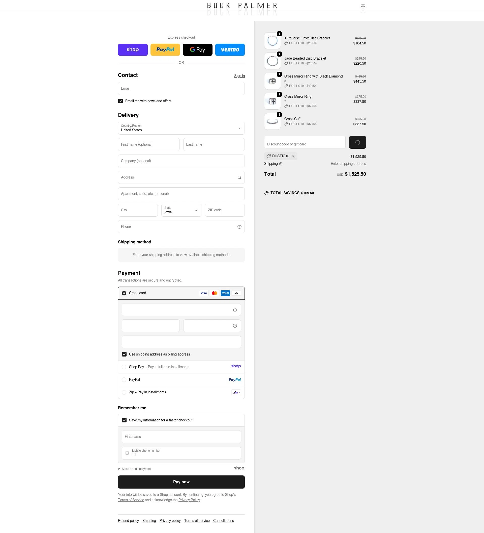 Buck Palmer Jewelry checkout page showing Buck Palmer Jewelry promo code box | Screenshot taken by SimplyCodes community member on Jan 1, 2026