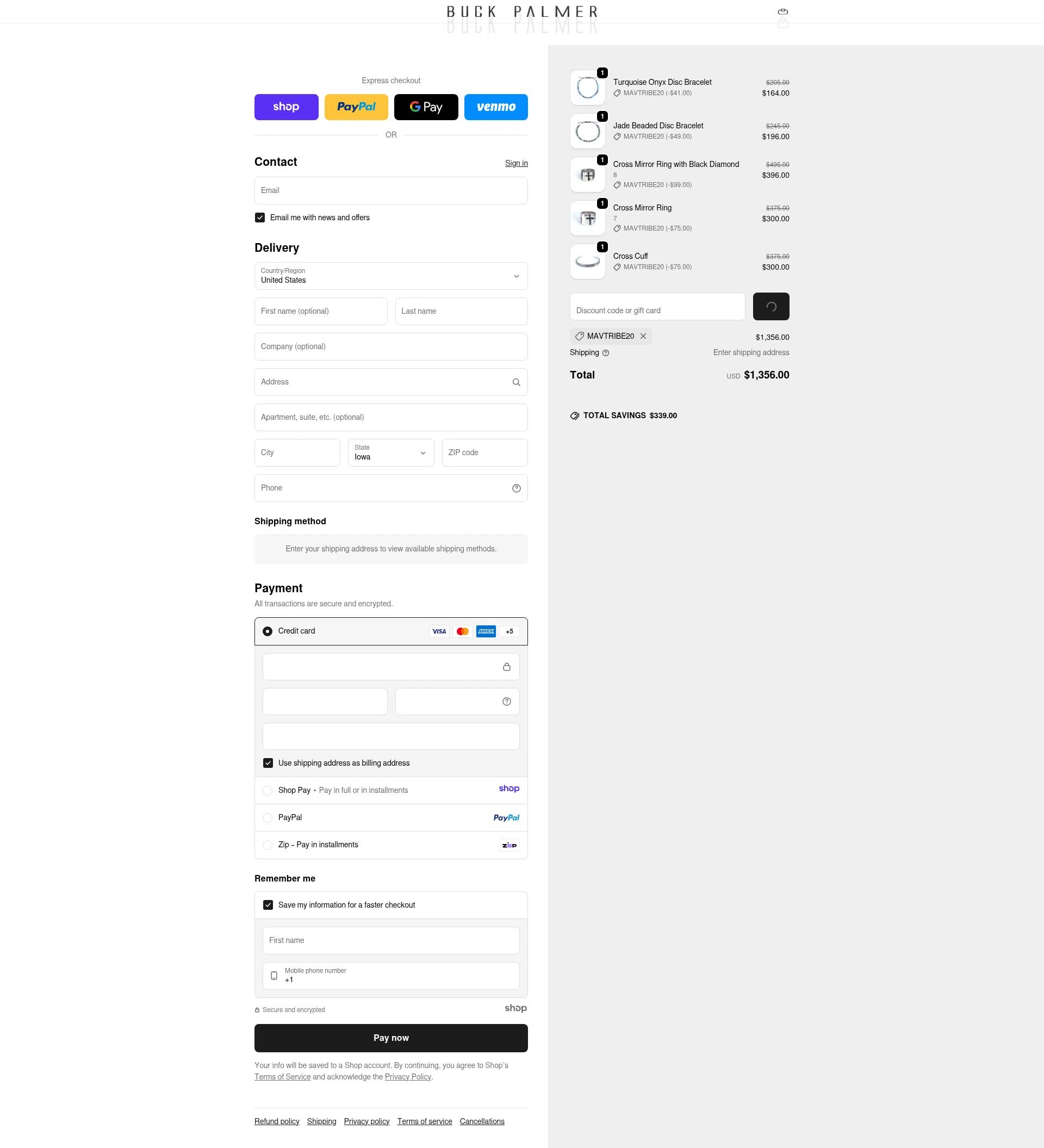 Buck Palmer Jewelry checkout page showing Buck Palmer Jewelry promo code box | Screenshot taken by SimplyCodes community member on Jan 1, 2026