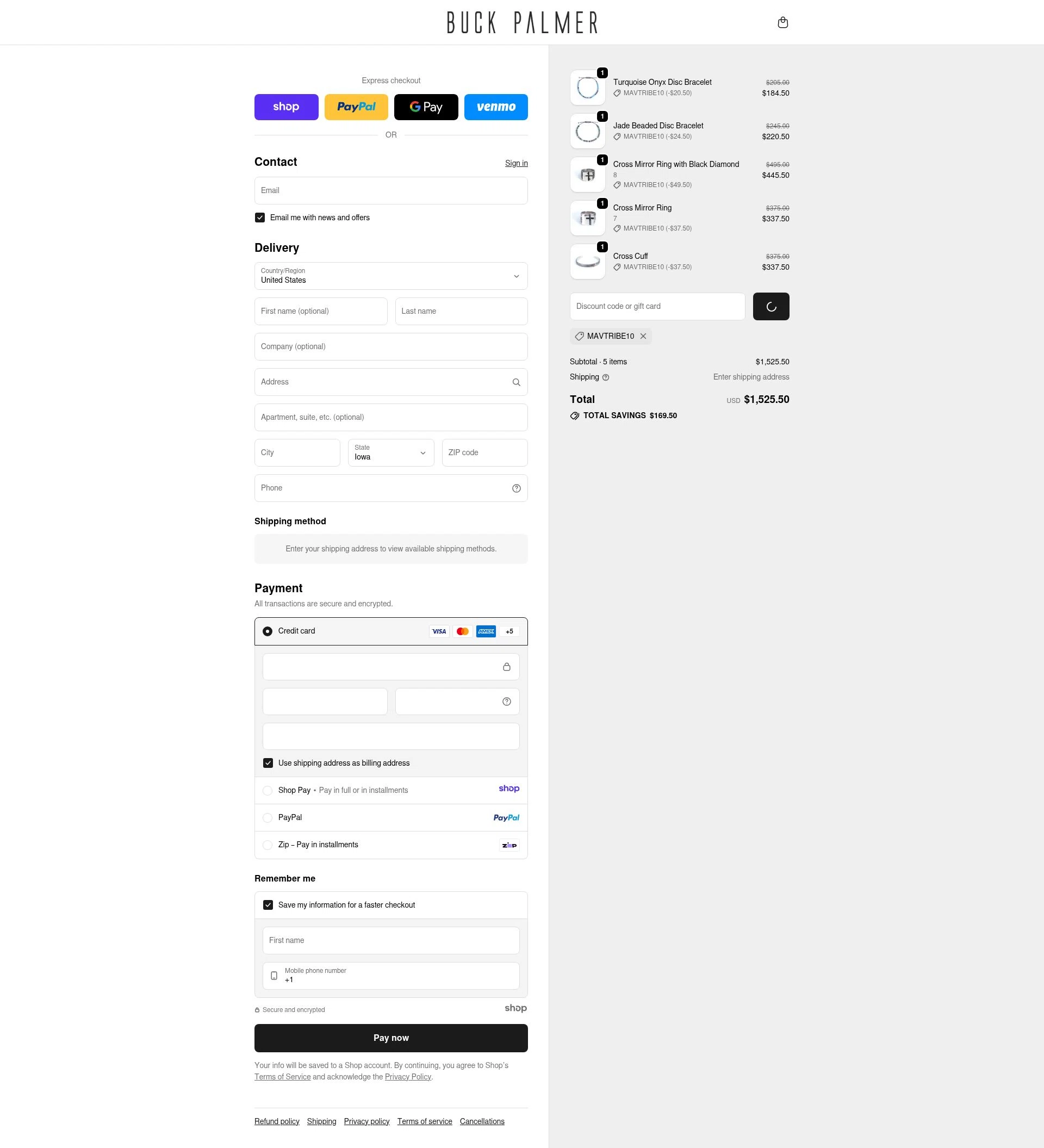 Buck Palmer Jewelry checkout page showing Buck Palmer Jewelry promo code box | Screenshot taken by SimplyCodes community member on Jan 1, 2026