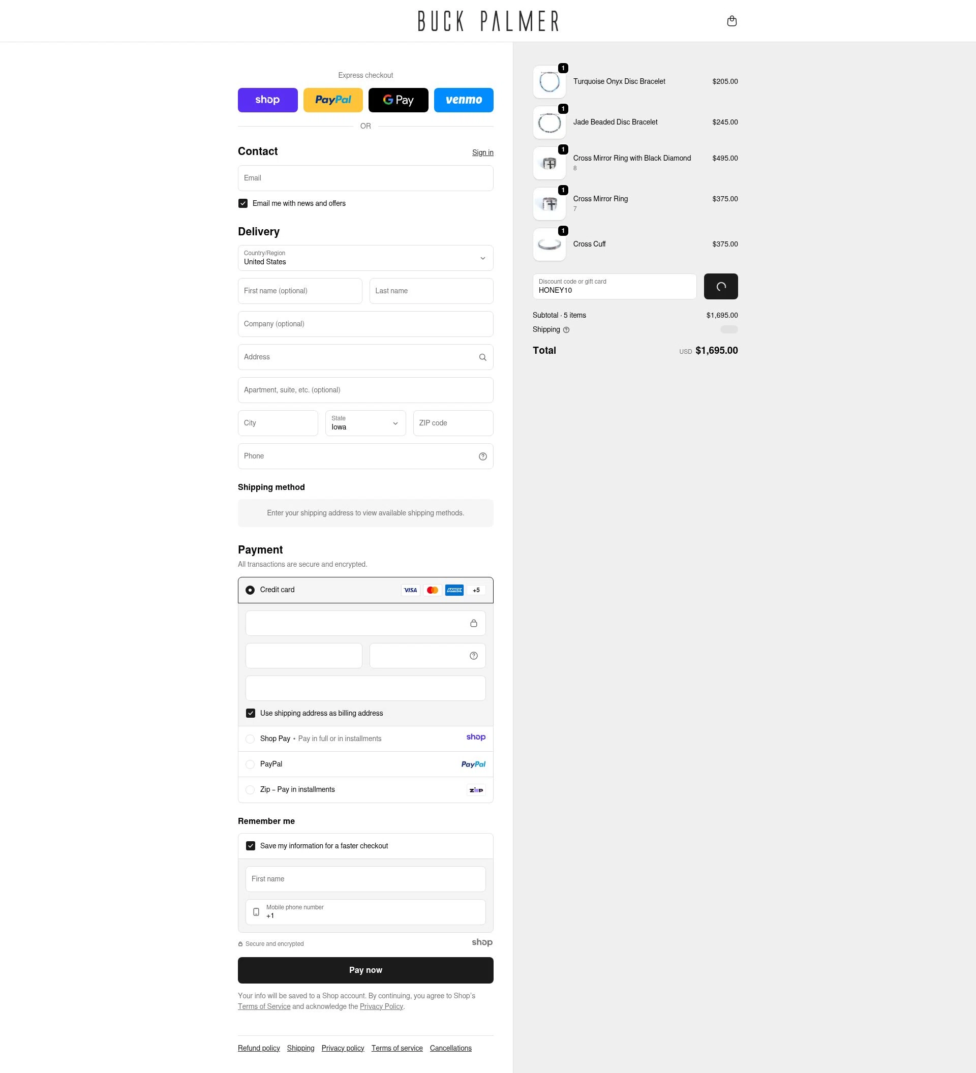 Buck Palmer Jewelry checkout page showing Buck Palmer Jewelry promo code box | Screenshot taken by SimplyCodes community member on Jan 1, 2026