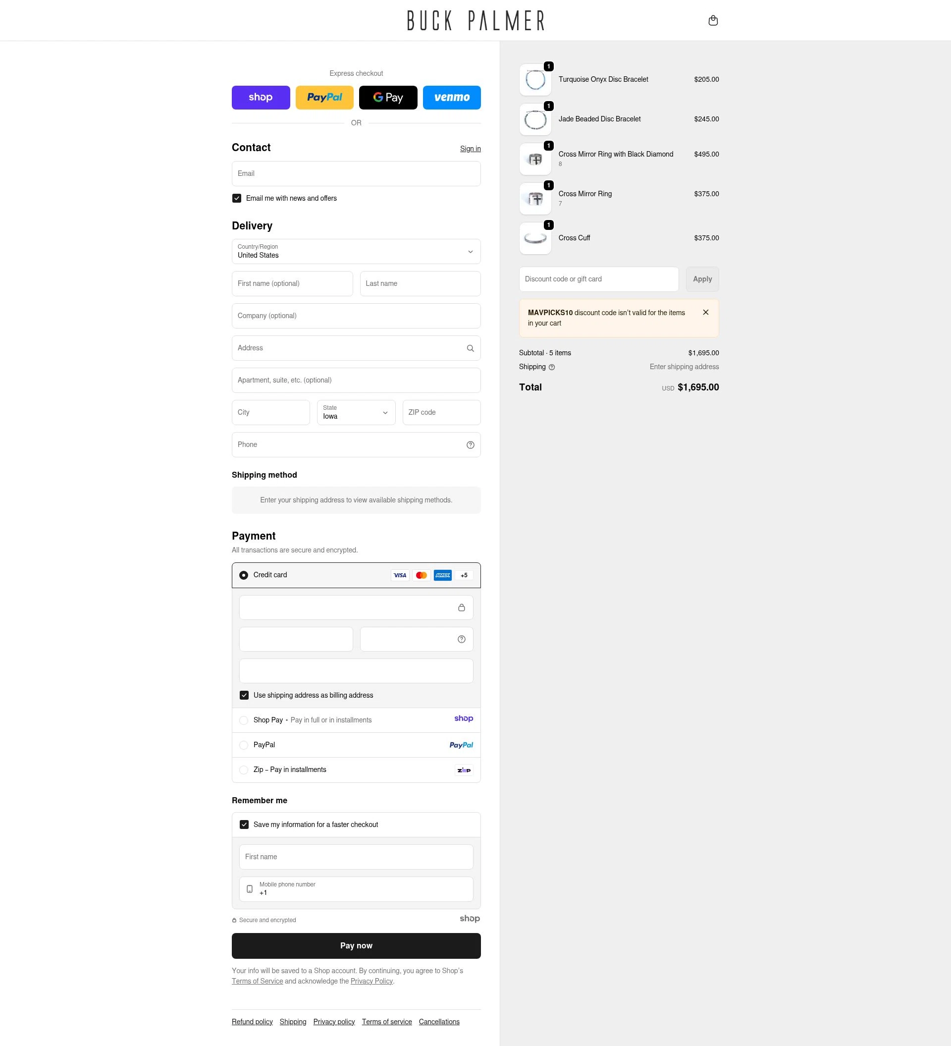 Buck Palmer Jewelry checkout page showing Buck Palmer Jewelry promo code box | Screenshot taken by SimplyCodes community member on Jan 1, 2026