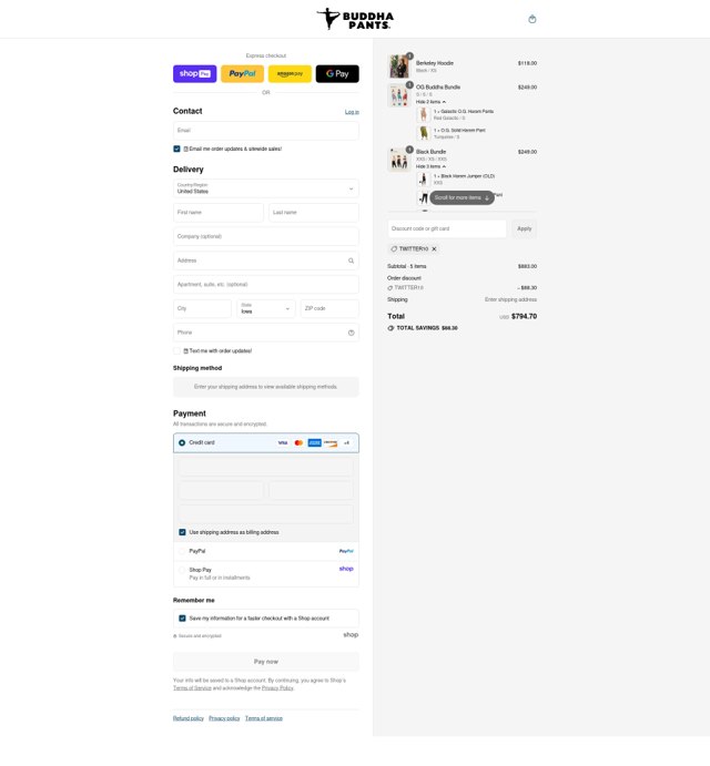 Buddha Pants checkout page showing Buddha Pants promo code box | Screenshot taken by SimplyCodes community member on Aug 27, 2025