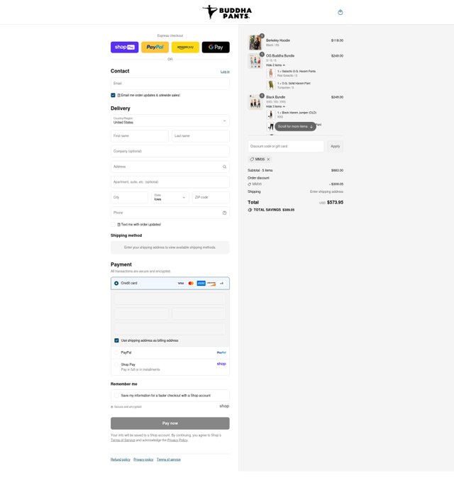 Buddha Pants checkout page showing Buddha Pants promo code box | Screenshot taken by SimplyCodes community member on Aug 27, 2025
