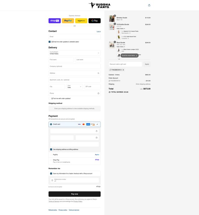 Buddha Pants checkout page showing Buddha Pants promo code box | Screenshot taken by SimplyCodes community member on Aug 27, 2025