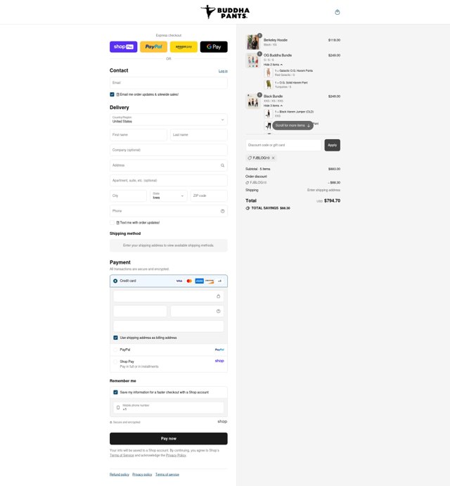 Buddha Pants checkout page showing Buddha Pants promo code box | Screenshot taken by SimplyCodes community member on Aug 27, 2025