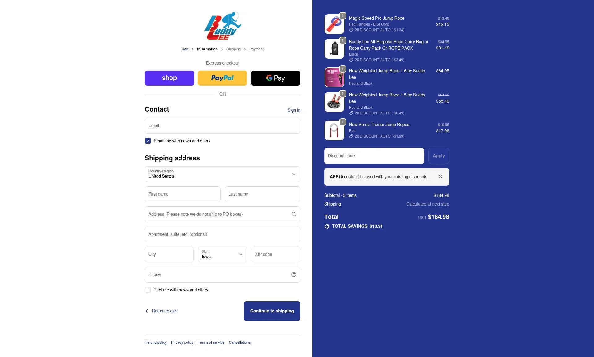 Buddy Lee Jump Ropes checkout page showing Buddy Lee Jump Ropes promo code box | Screenshot taken by SimplyCodes community member on Feb 5, 2026