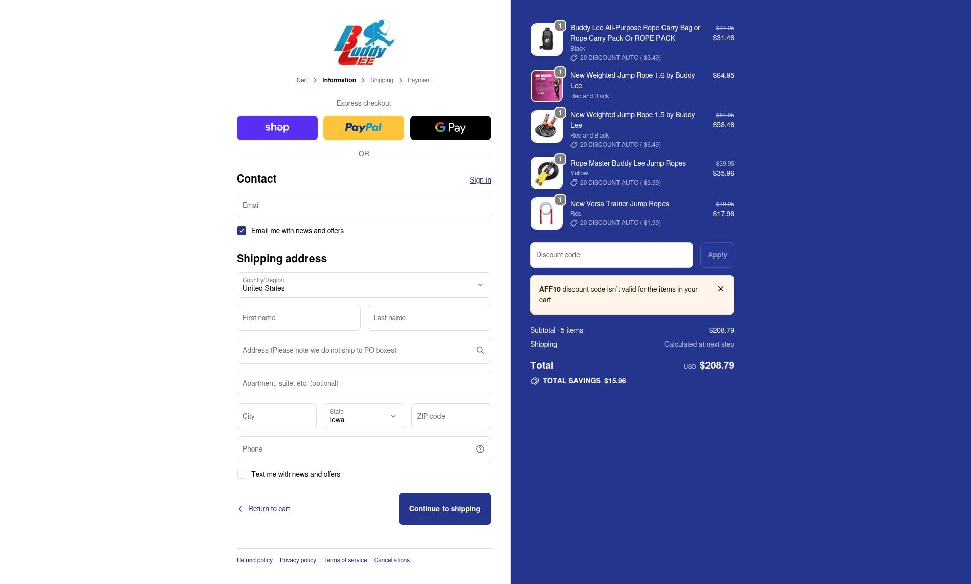 Buddy Lee Jump Ropes checkout page showing Buddy Lee Jump Ropes promo code box | Screenshot taken by SimplyCodes community member on Jan 27, 2026