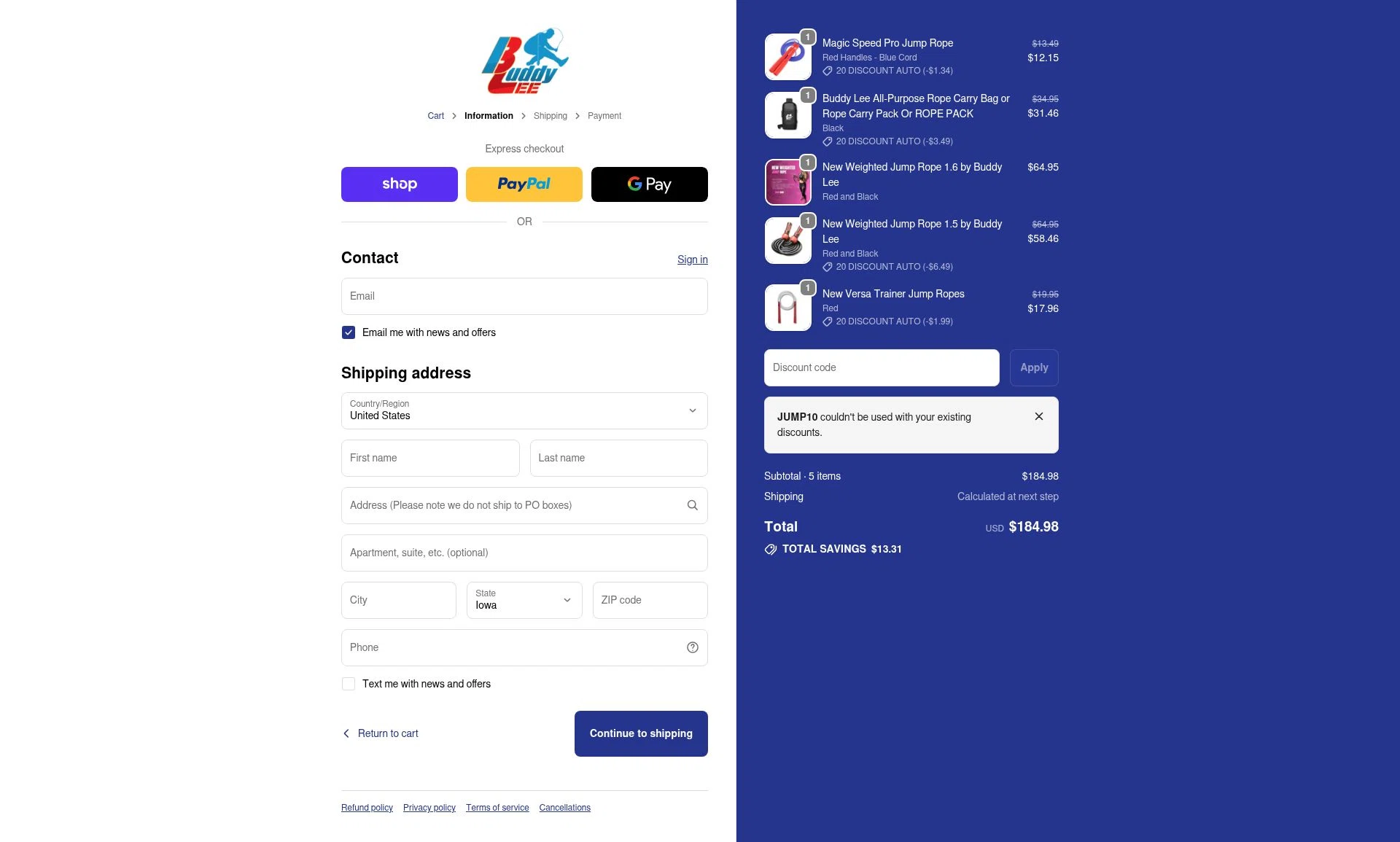 Buddy Lee Jump Ropes checkout page showing Buddy Lee Jump Ropes promo code box | Screenshot taken by SimplyCodes community member on Feb 5, 2026