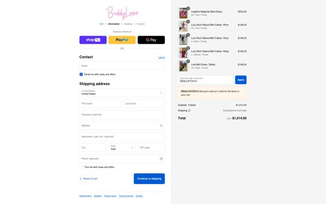 Buddy Love checkout page showing Buddy Love discount code box | Screenshot taken by SimplyCodes community member on Aug 27, 2025