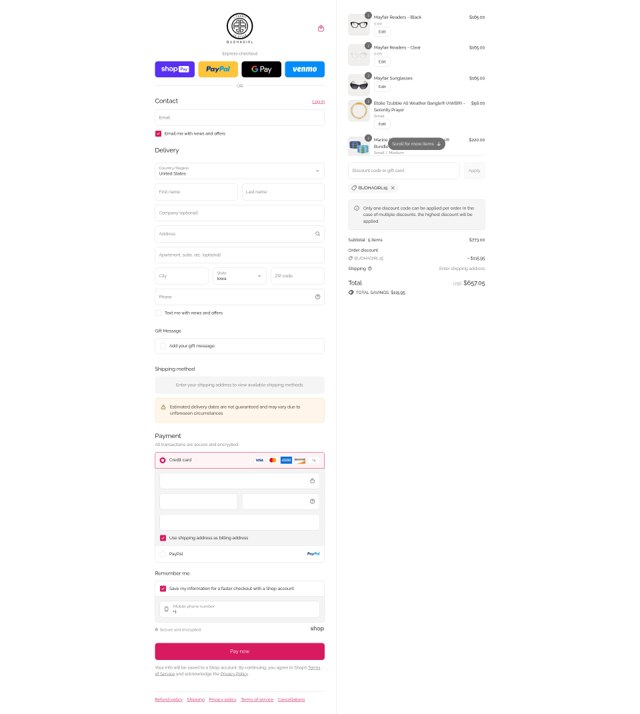 BuDhaGirl checkout page showing BuDhaGirl discount code box | Screenshot taken by SimplyCodes community member on Aug 27, 2025