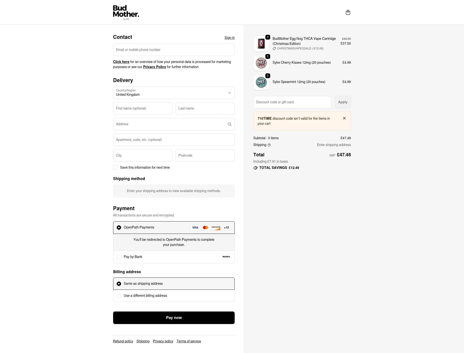 BudMother checkout page showing BudMother discount code box | Screenshot taken by SimplyCodes community member on Feb 9, 2026