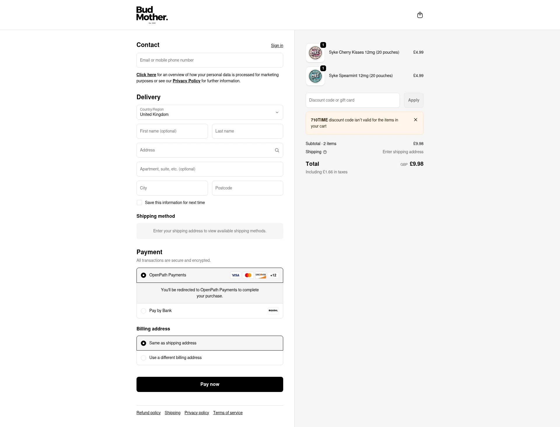 BudMother checkout page showing BudMother discount code box | Screenshot taken by SimplyCodes community member on Feb 14, 2026