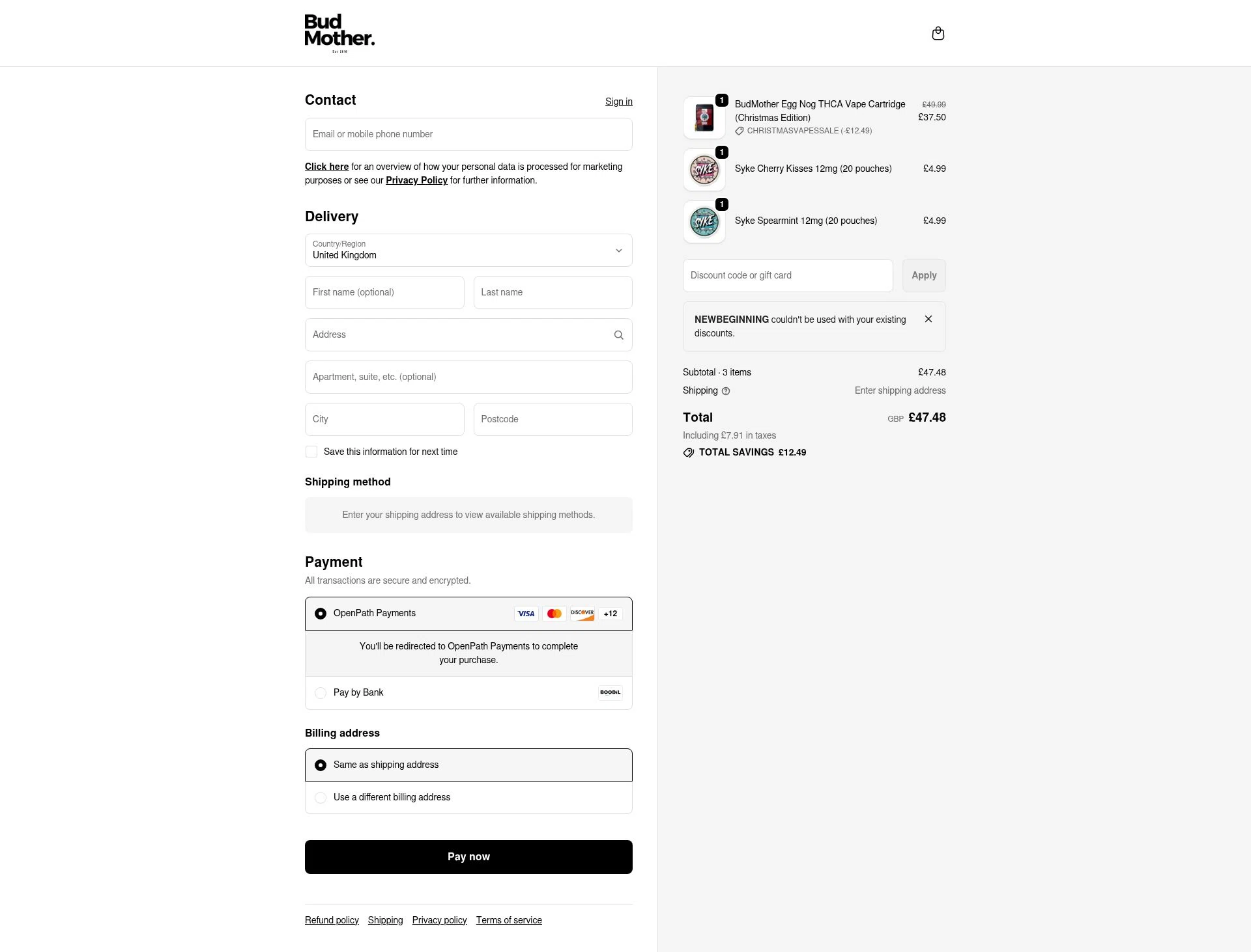 BudMother checkout page showing BudMother discount code box | Screenshot taken by SimplyCodes community member on Feb 9, 2026