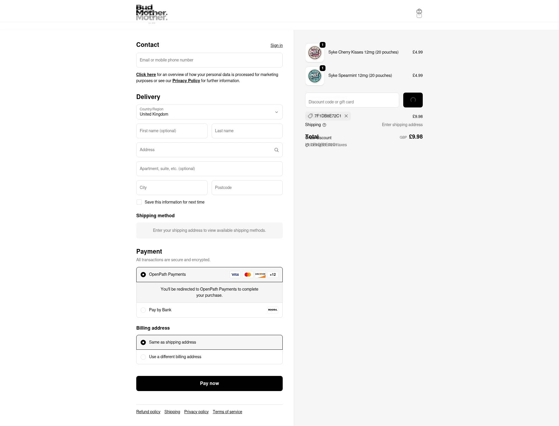 BudMother checkout page showing BudMother discount code box | Screenshot taken by SimplyCodes community member on Feb 14, 2026
