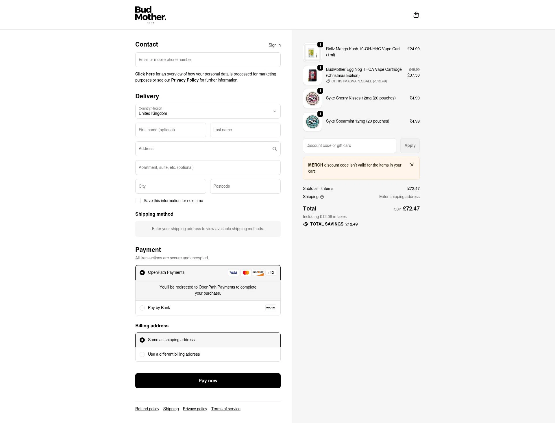 BudMother checkout page showing BudMother discount code box | Screenshot taken by SimplyCodes community member on Feb 5, 2026